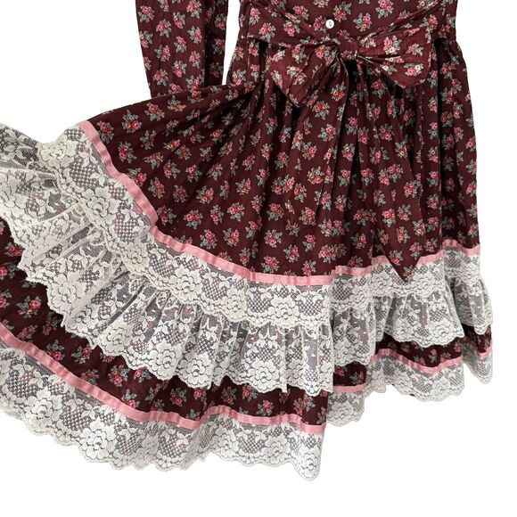 Vtg Girls Dress Mini World Sz 8 Maroon Calico Prairie Ruffle Cottagecore Lace - Picture 4 of 12